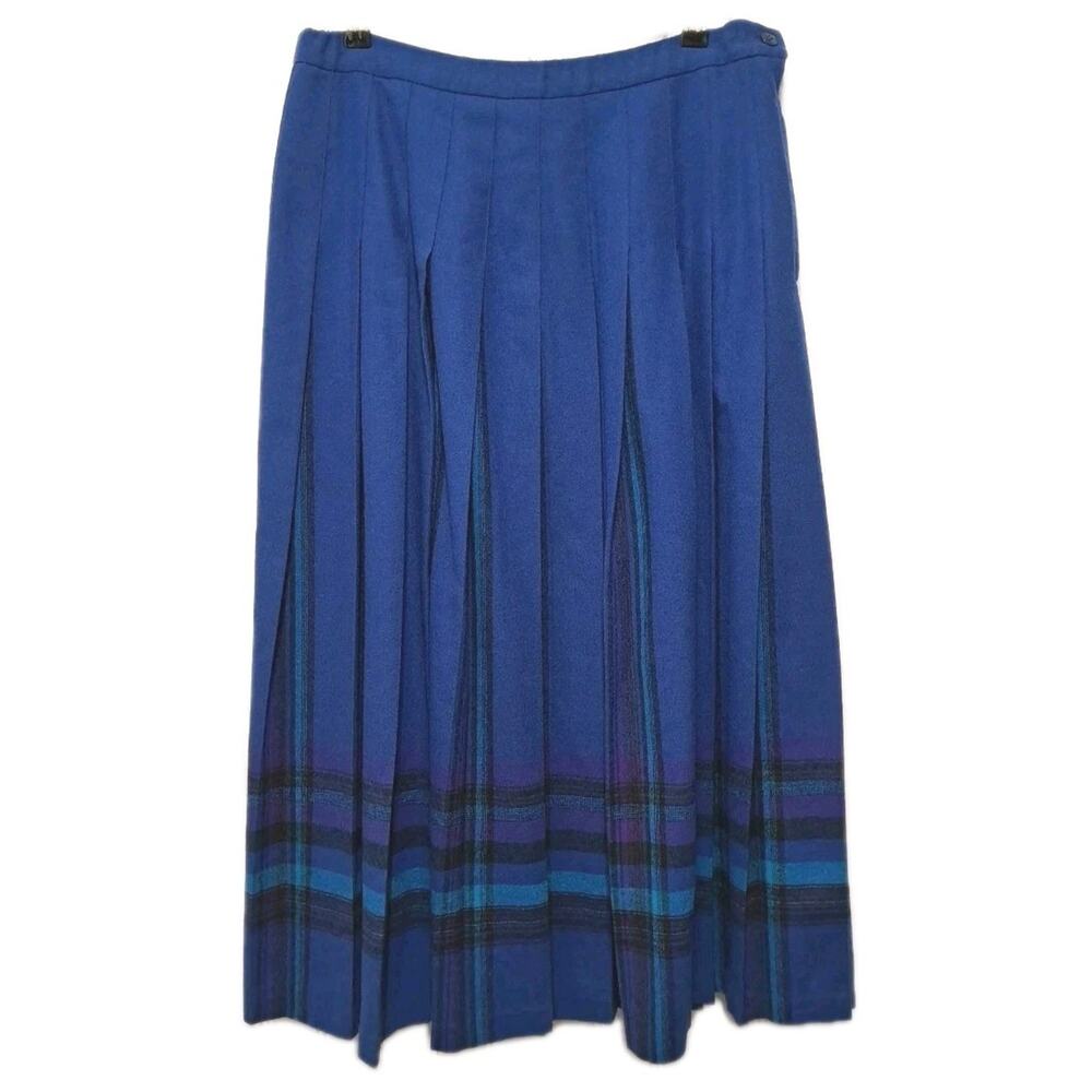 VTG Pendleton Pleated Midi Skirt Womens M Royal Blue 100% Virgin Wool Plaid